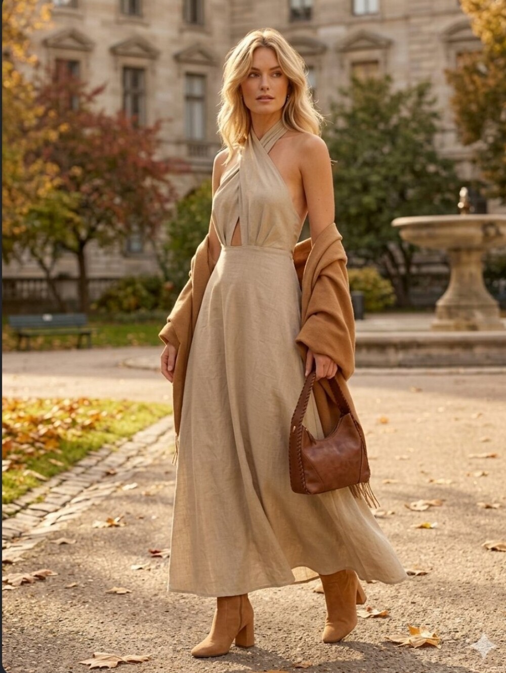 Cotton Linen Halter Neck Cut-Out Maxi Dress